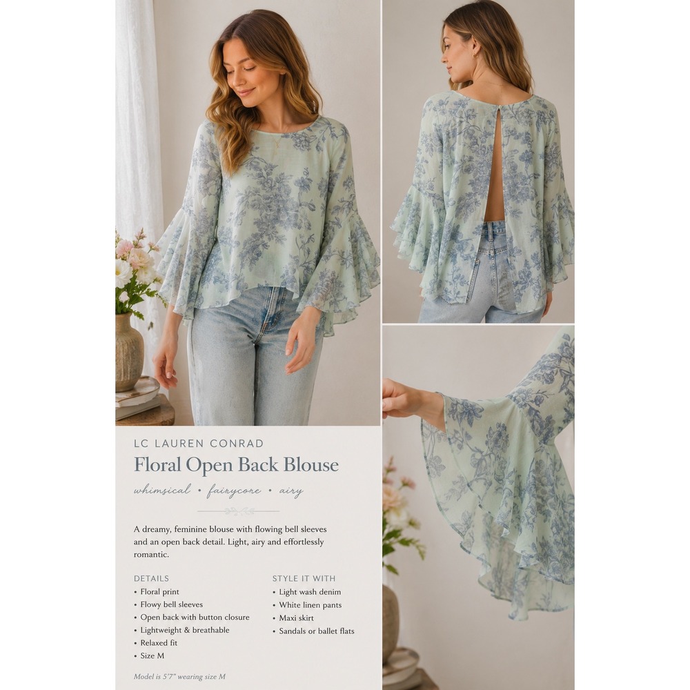 Lauren Conrad Floral Sleeve Open Back Blouse Size M whimsical fairycore whispy